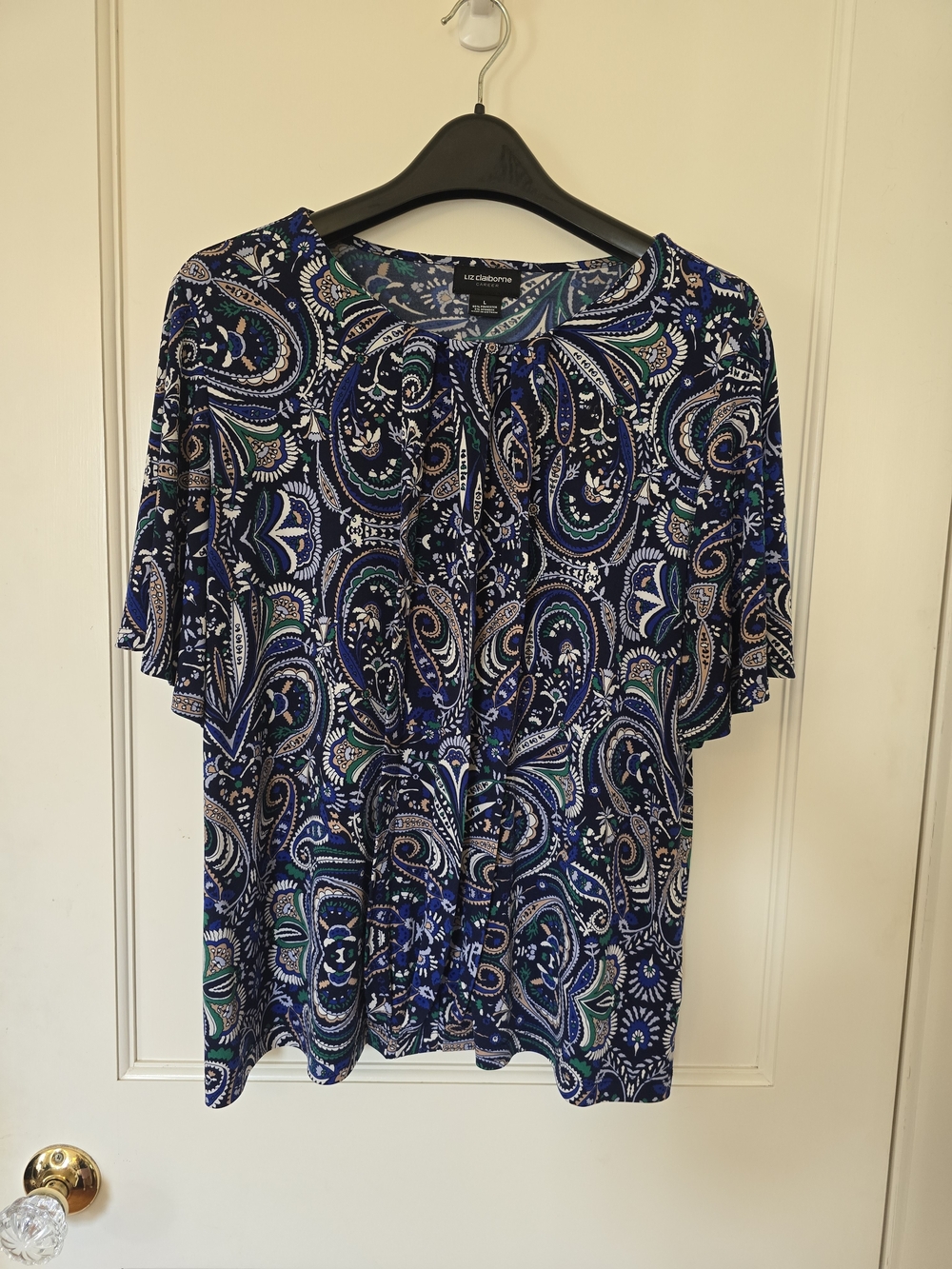 Liz Claiborne Navy Blue and Green Paisley Tie-Front Short Sleeve Blouse LARGE